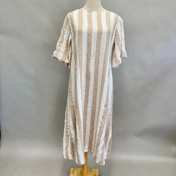 Everlane Linen A-Line Midi Dress Bone White/Caramel Stripe Size 8 Boxy Lagenlook - Picture 2 of 15